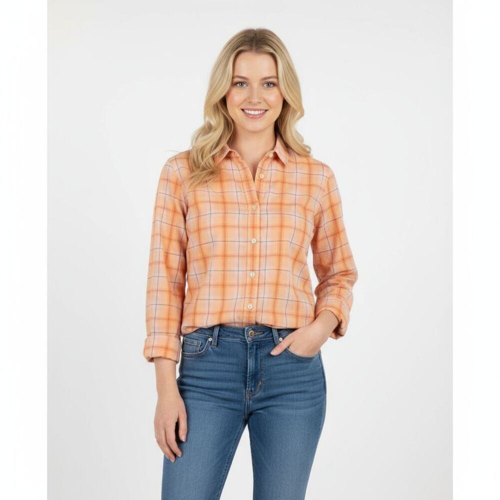 Woolrich Women's Orange Plaid Button Front Long Sleeve Top L
